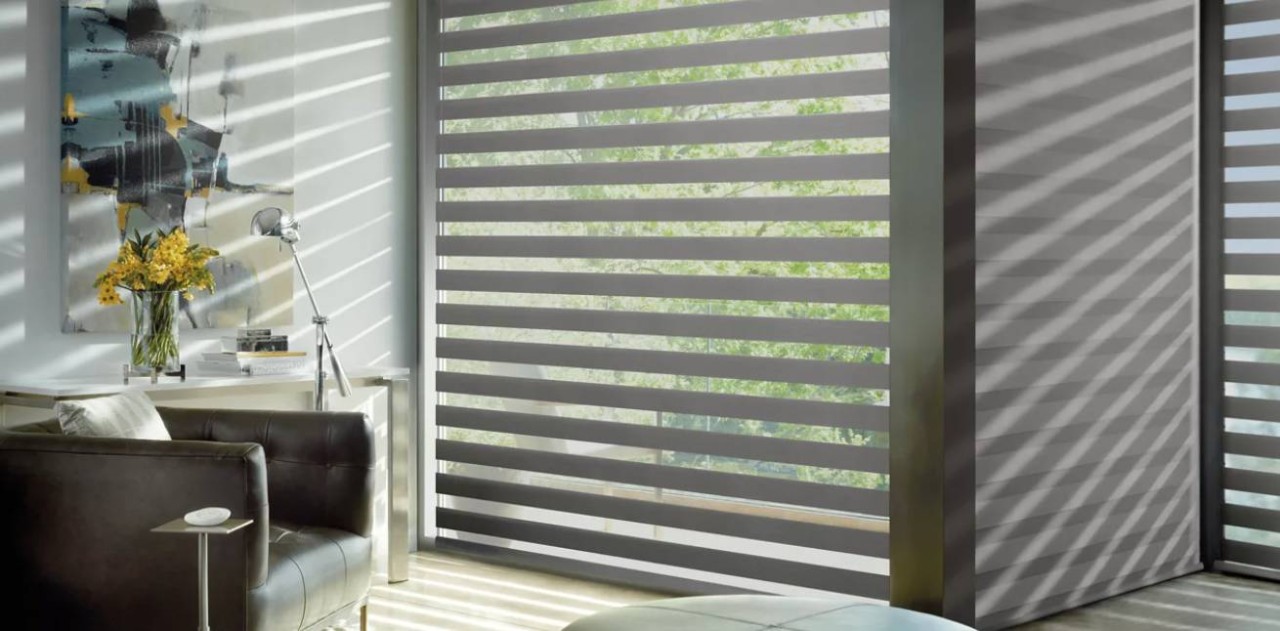 Hunter Douglas Designer Banded Shades in a modern living room near Lexington, SC