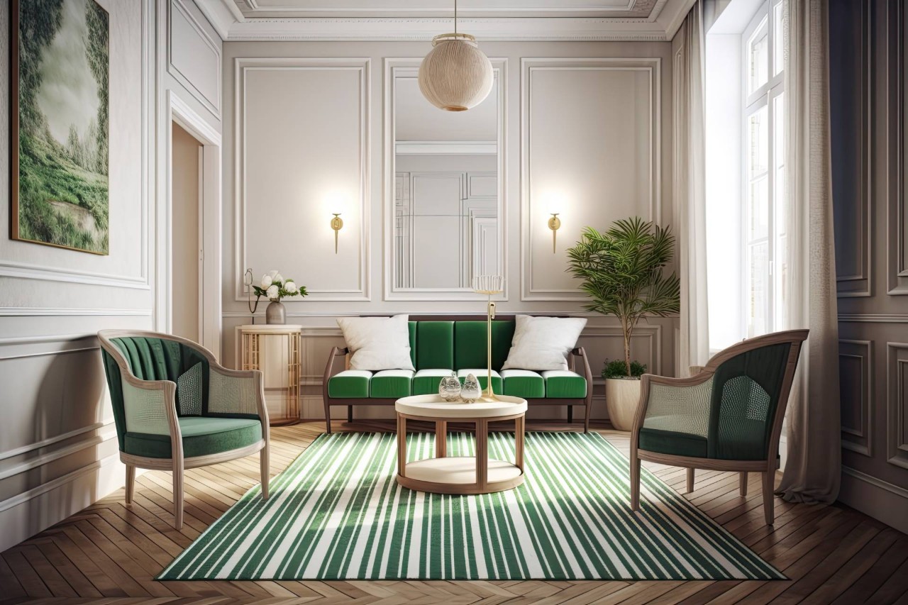 A square, green-patterned rug in an intensely green living room near Lexington, South Carolina (SC)