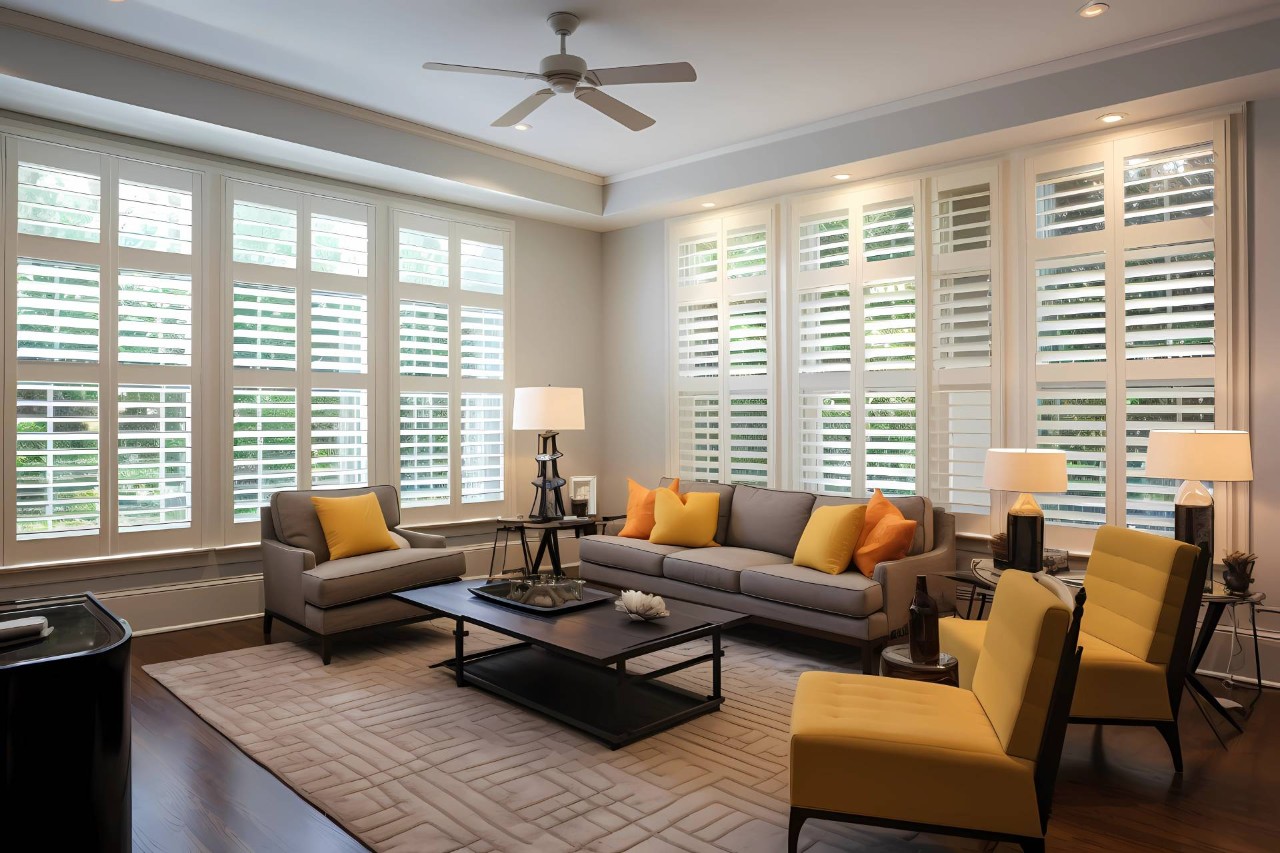 Interior shutters in a living room near Lexington, SC