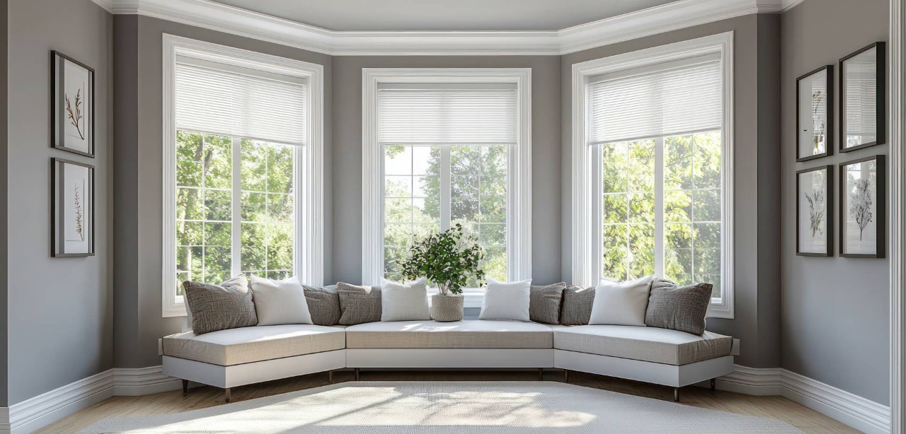 White bay window shades covering three windows in a sitting area at ED's Paint & Decorating near Lexington, SC