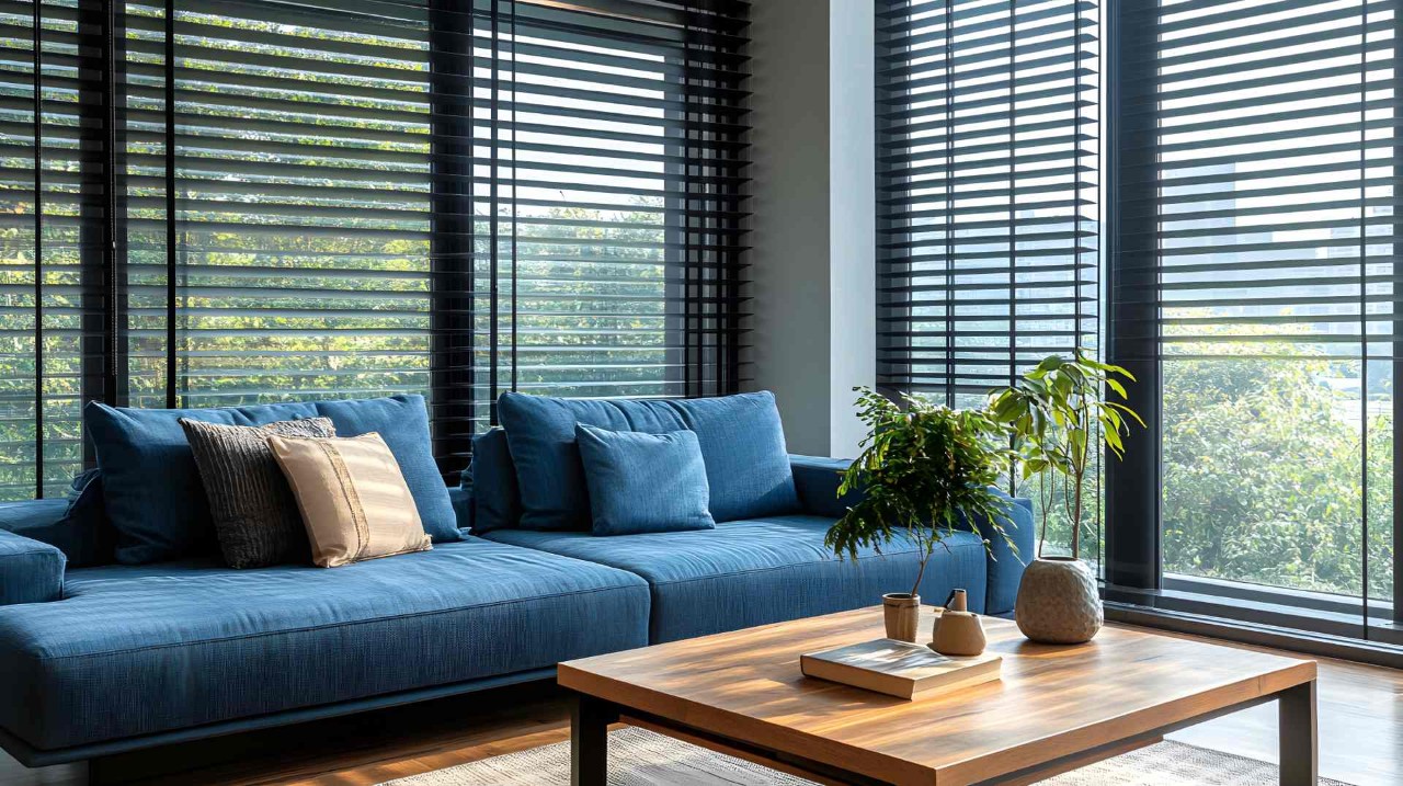 Custom blinds in a modern living room near Lexington, SC.