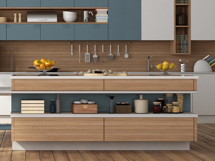 Kitchen island with shelving and drawer storage.
